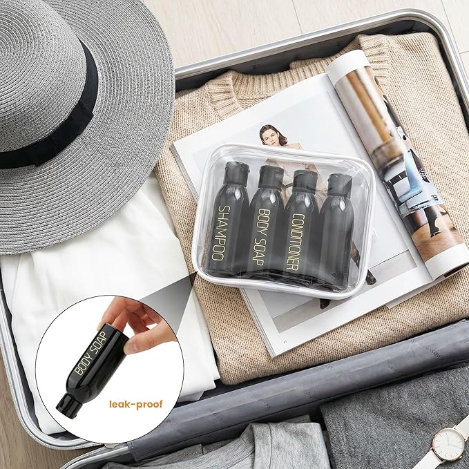 Cosywell Travel Bottles for Toiletries 4pcs 3.4oz Travel Shampoo and Conditioner Bottles TSA Approved Travel Size Containers Leak Proof Small Plastic Squeeze Bottles with Flip Cap(Black)