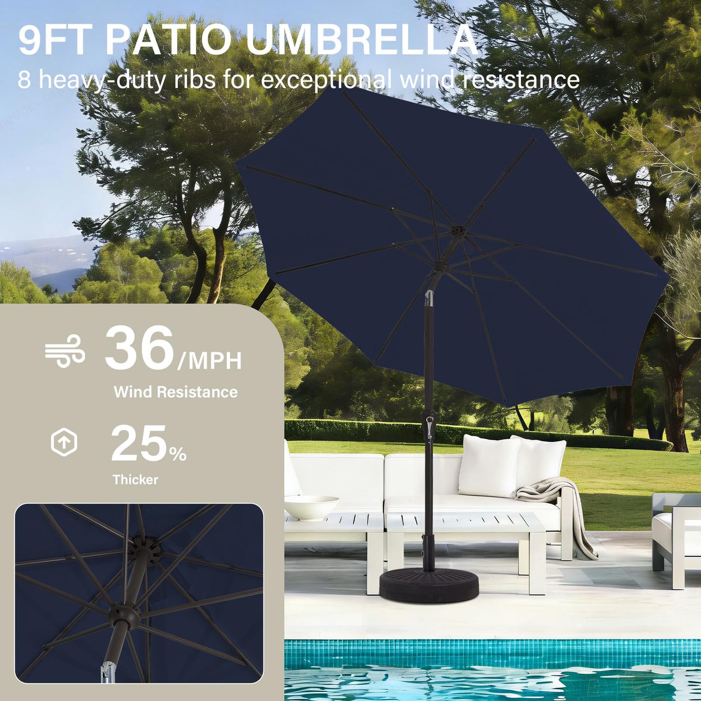 MEWAY 9ft Patio Umbrella Outdoor Table Umbrellas with Push Button Tilt and Crank, Market Umbrella 8 Sturdy Ribs for Deck, Garden, Pool and Backyard, Navy