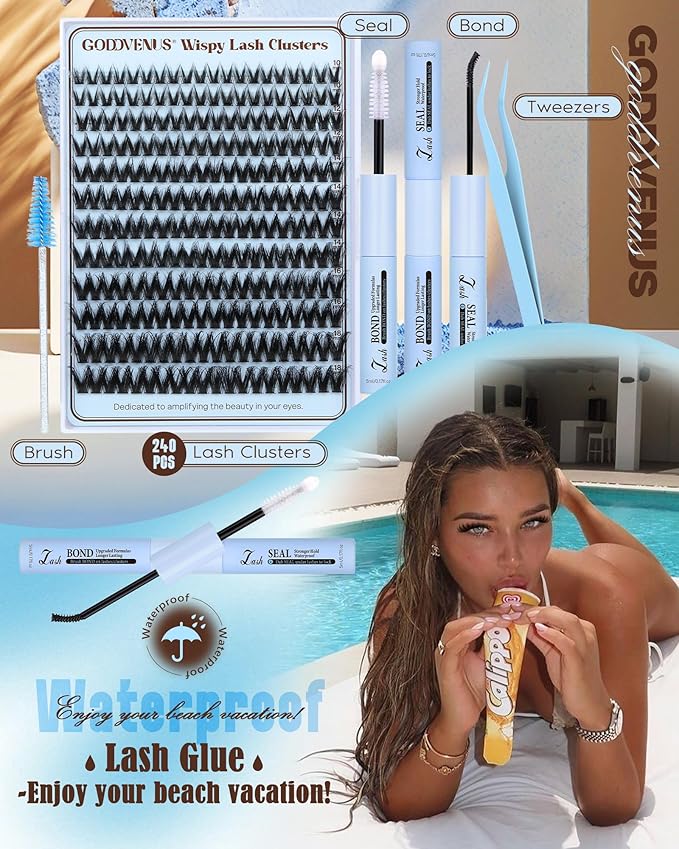 Goddvenus Fluffy Wispy Lash Clusters Kit Natural Eyelashes Clusters D Curl Cluster Eyelash Extensions Lightweight Individual Lashes DIY Eyelash Extension Kit with Waterproof Lash Cluster Glue