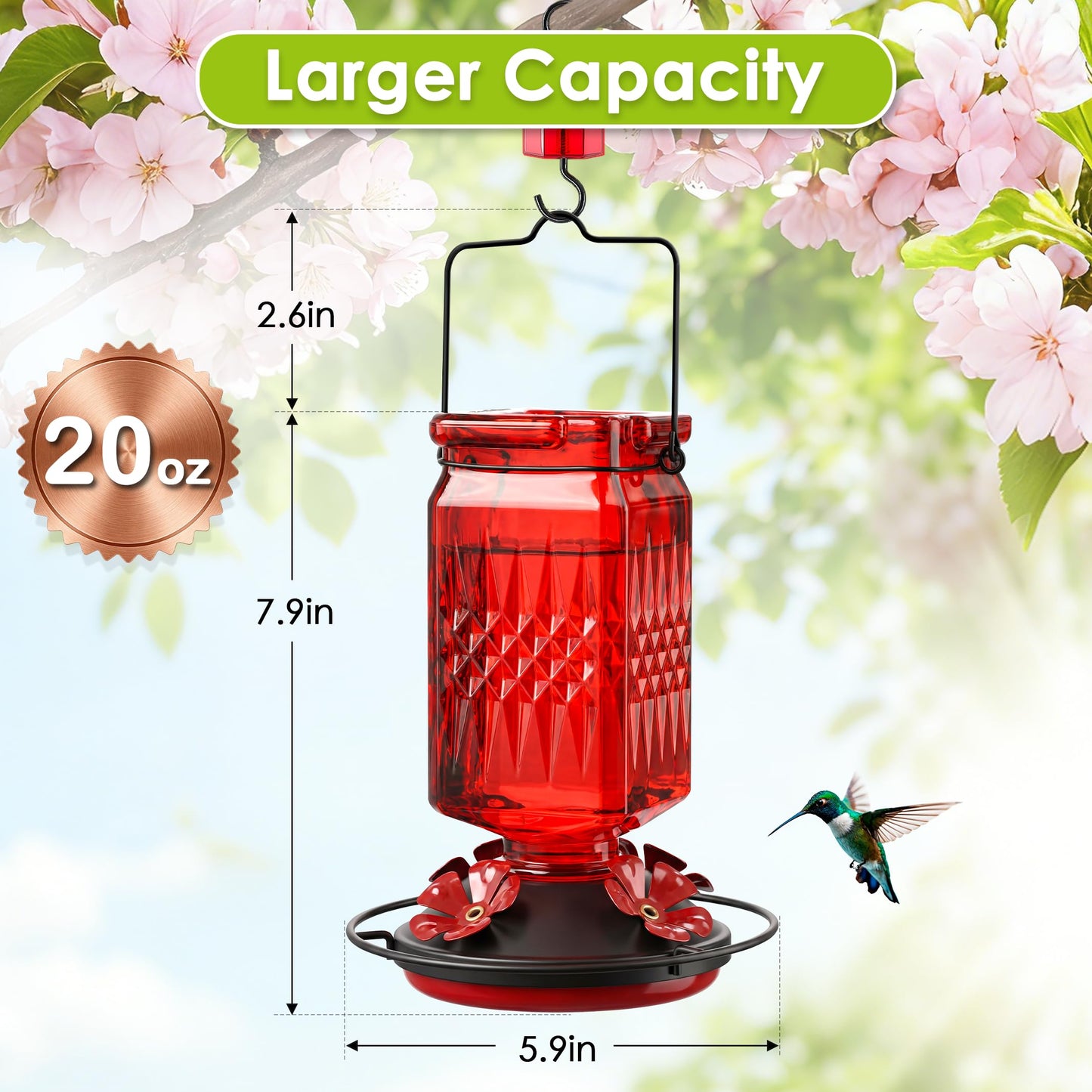Tegarbed 20oz Glass Hummingbird Feeder for Outdoors Hanging, Bird Nectar Feeder with 4 Bee Guard Flower-Shaped Feeding Ports & Built-in Ant Moat, for Bird Lover, Red (2 Pack)