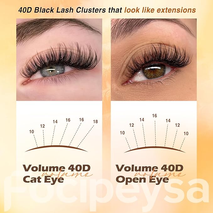 Focipeysa Thick Lash Extension Kit Full Volume Lash Clusters 40P Eyelash Extension Kit DIY Lash Extension Kit with Black Bond and Seal Glue, Lash Applicator DIY at Home for Beginner (40P 10-18MM)