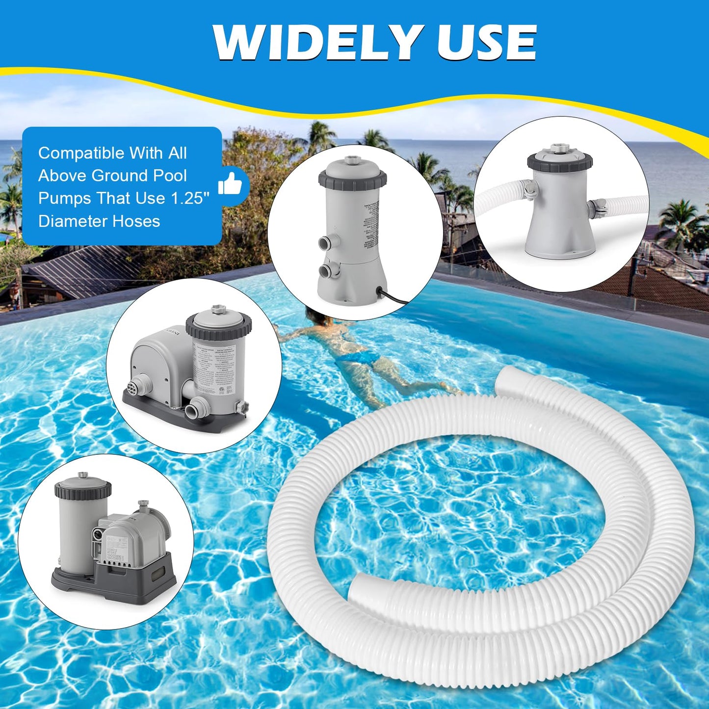 3 Pcs 1.25" Pool Hose, 59" Long Accessory Pool Pump Replacement Hoses, Compatible with All Above Ground Pool Filter Pumps that Use 1 1/4 Diameter Hoses
