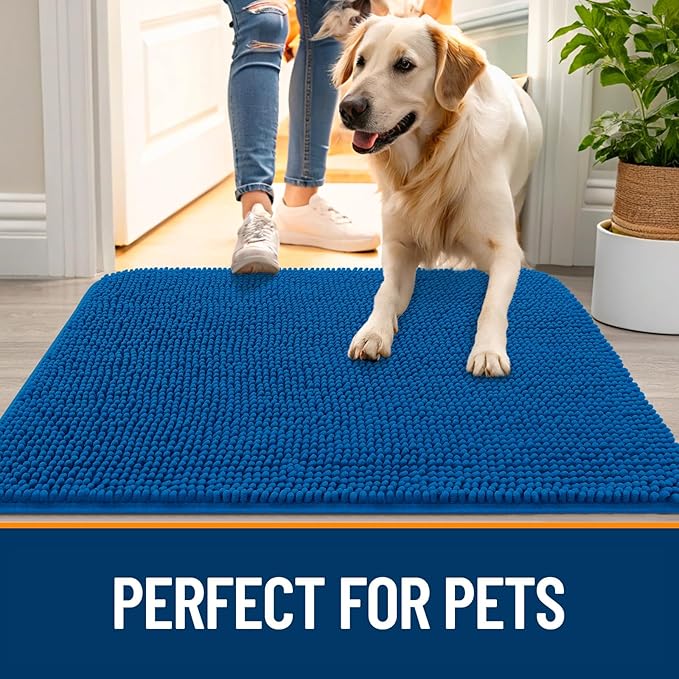 OLANLY Dog Door Mat for Muddy Paws 47x17, Absorbs Moisture and Dirt, Absorbent Non-Slip Washable Doormat, Quick Dry Chenille Mud Mat, Entry Indoor Entryway Carpet for Inside Floor, Deep Navy Blue