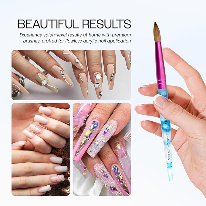 PANA USA Acrylic Nail Brush Pure Kolinsky Hair Acrylic White Swirl Blue Handle with Pink Ferrule Round Shaped - Size 10
