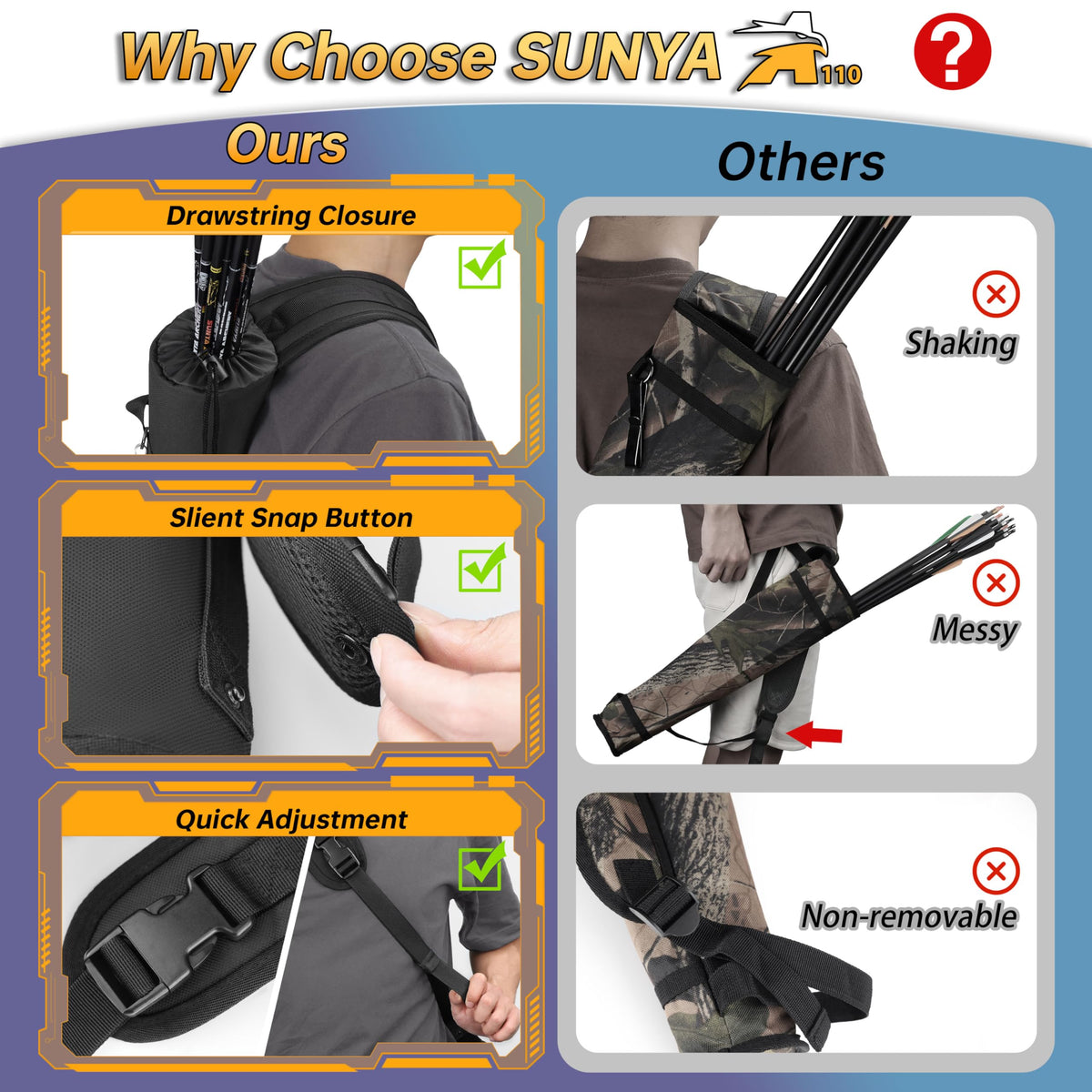 SUNYA Archery Arrow Quiver, Hip and Back Dual Carry Modes, Adjustable Quick-Detach Silent Buckle, Foldable Lightweight 200g, Noise Reduction Drawstring Closure