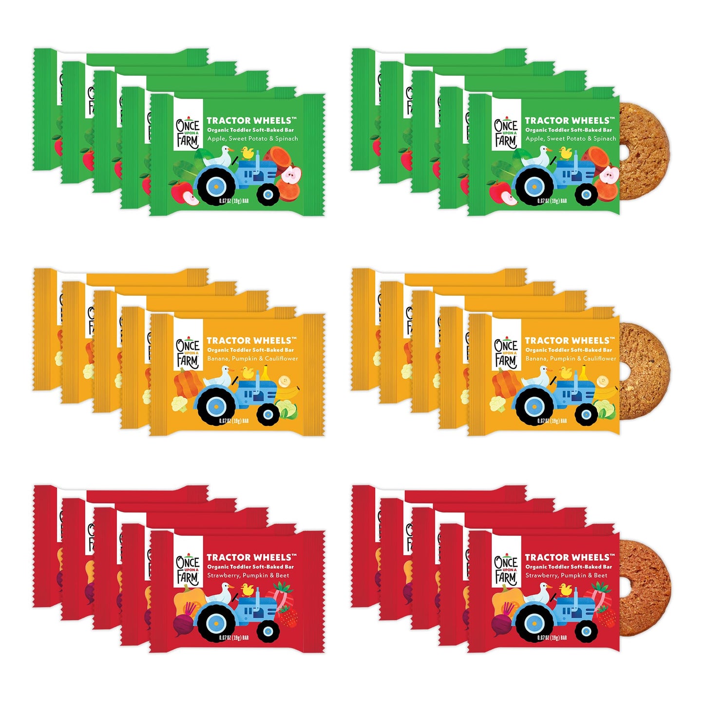 Once Upon a Farm | Organic Toddler Soft-Baked Bar Tractor Wheels Variety Pack | Apple, Strawberry, Banana | Made with Real Fruit & Veggies | No Added Sugar | 30 Bars