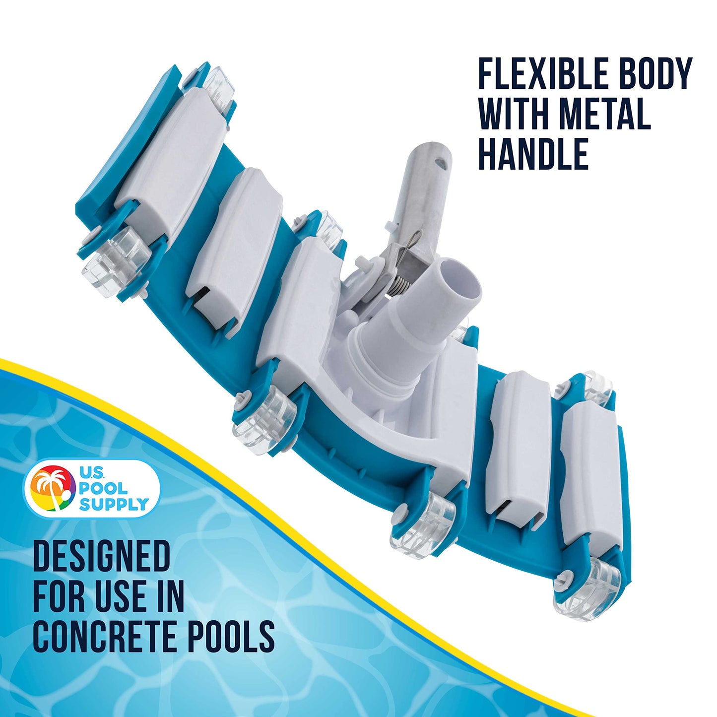 U.S. Pool Supply 14" Manual Pool Vacuum Head for Inground Pools, Flexible, Weighted - 6 Weights, Swivel Hose Connection 1.25" or 1.5", Aluminum Pole Handle - Accessory Attachment, Clean Remove Debris