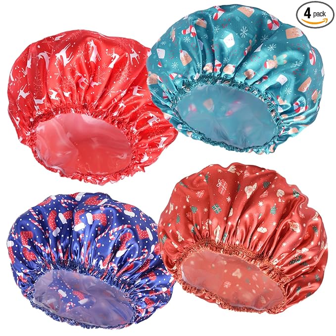 4 PCS Shower Cap for Women, Elastic and Reusable Bath Caps, Double Layers Shower Caps Reusable Waterproof, Bathing Shower Caps, Environmental Bath Hair Protection Cap - Chrismas Pattern