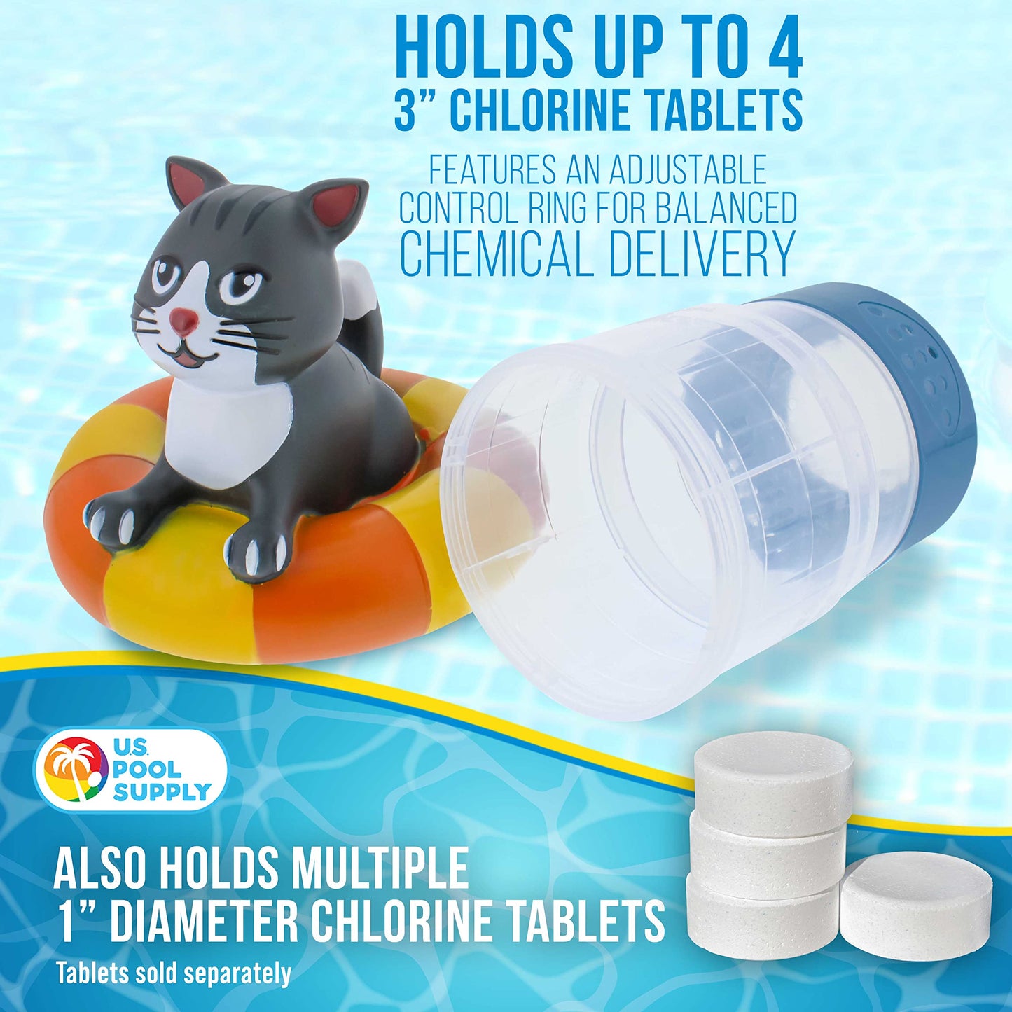 U.S. Pool Supply Kitty Cat Floating Pool Chlorine Dispenser, Collapsible Base, Holds 3" Tablets - 7" Fun Cute Happy Pet Life Preserver Animal Float Floater Decoration, Adjustable Balanced Delivery