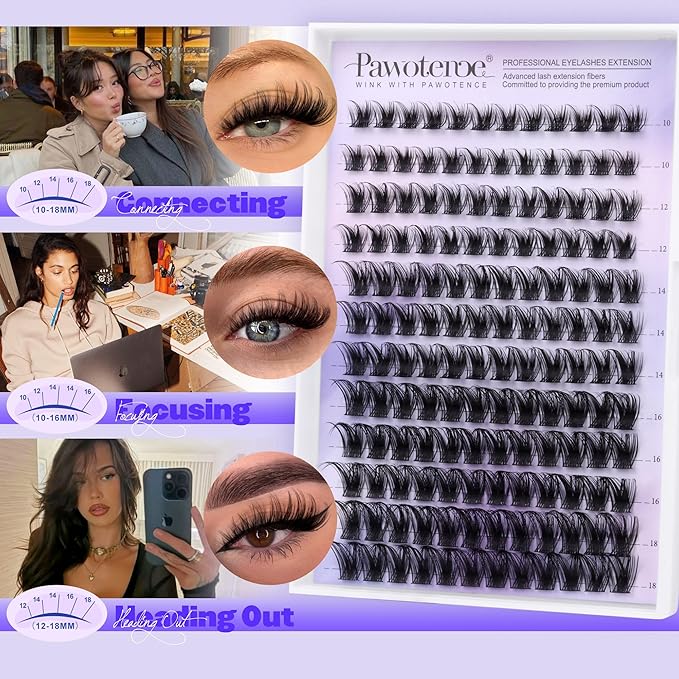 Pawotence Lash Clusters Kit Wispy Lash Extension Kit 10-18mm Cluster Eyelash Extensions Kit Individual Lashes 144pcs Eyelash Clusters with Lash Bond and Seal, Lash Tweezers for Self Use