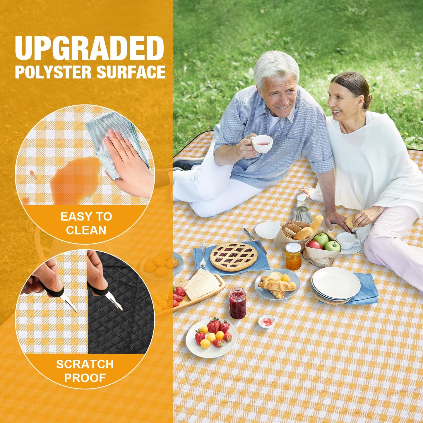 G GOOD GAIN Picnic Blankets Outdoor Extra Large - 80"x80" Portable Waterproof Picnic Blanket, Machine Washable 3-Layer Foldable Park Mat with Sandproof Backing for Grass, Hiking, Travel (Yellow)