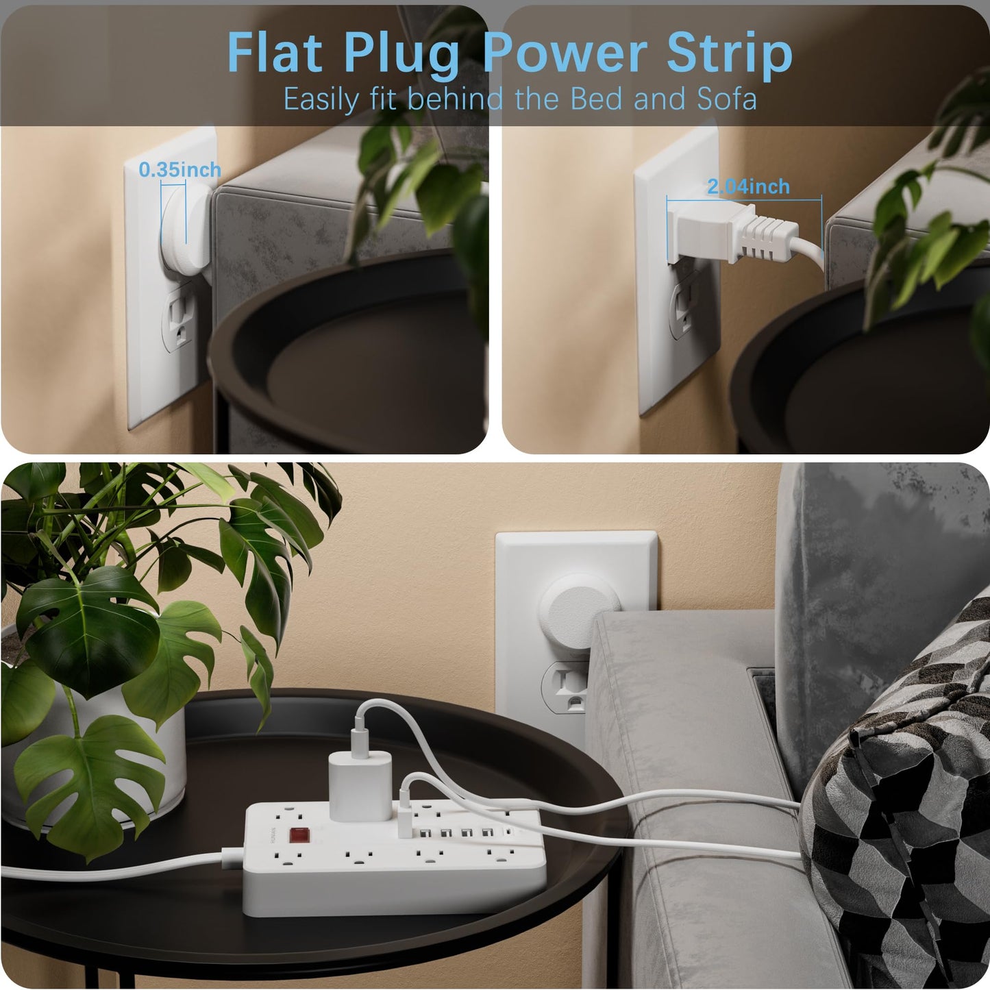 Power Strip with USB, Flat Plug Extension Cord with Multiple Outlets 5 Ft, HUNIAN Power Strip with 8 Widely Spaced Outlets 6 USB Charger (1 USB C Port), Desk Charging Station for Home Office, White