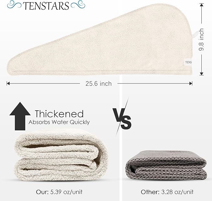 TENSTARS 5 Pack Thicken Microfiber Hair Towel Wrap for Women - Elastic Loop Design - 320GSM Coral Velvet - Quick Dry Hair Turban - 11x28 Inch (Pink+FrozenBerry+FrozenBlue+Teal+Cream)