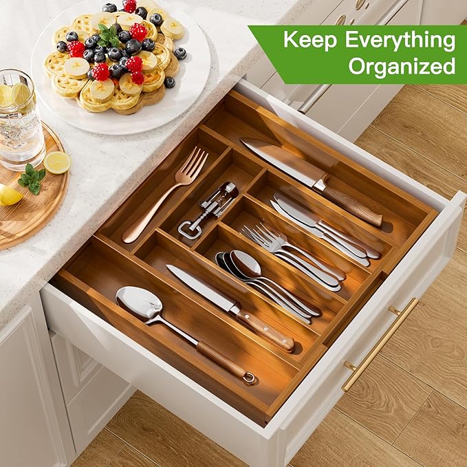 Pipishell Bamboo Expandable Drawer Organizer for Utensils Holder, Adjustable Silverware Organizer Cutlery Tray, Drawer Dividers for Utensils, Flatware, Knives in Kitchen, Bedroom, Living Room(M-Brown)