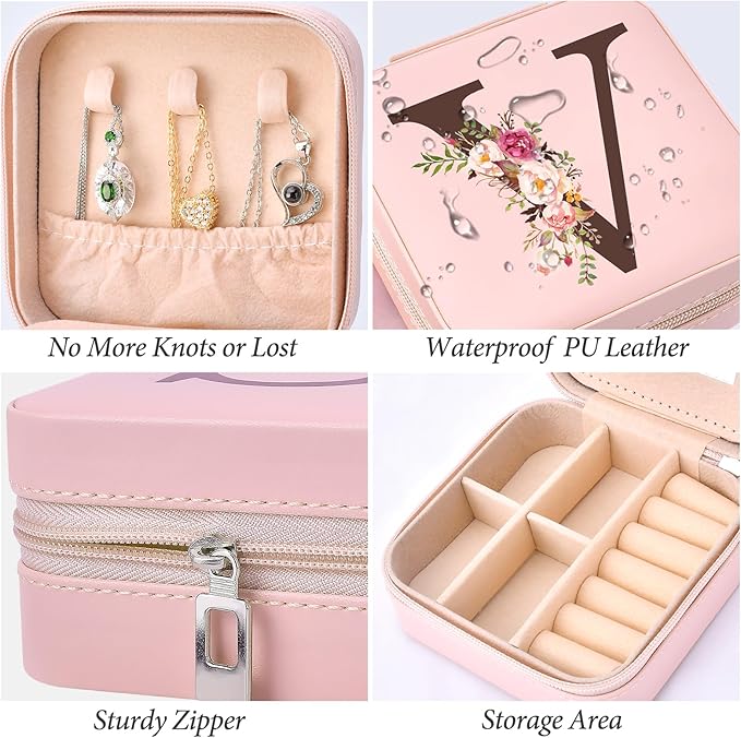 Small Travel Jewelry Case for Women, Initial Travel Jewelry Case Box Organizer Personalized Gifts, Fashion Travel Essentials Trendy Stuff for Teen Girls, Pink V