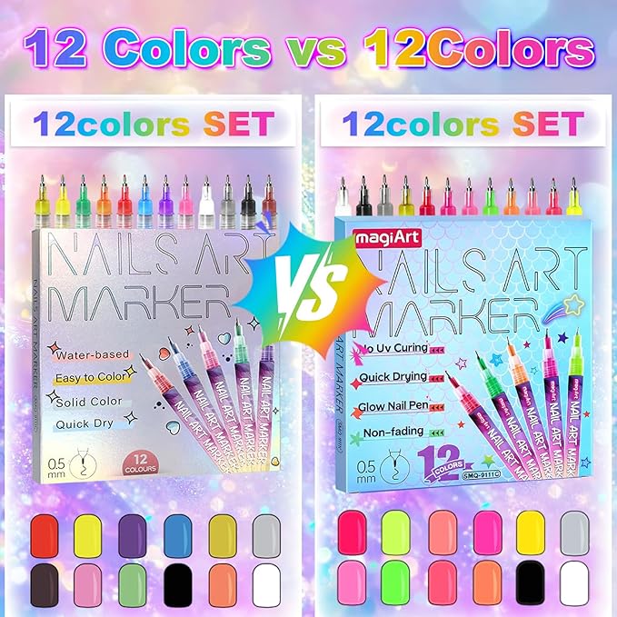 12 Color Nail Art Pens, Neon Nail Markers Set 0.5 MM Fine Tip Nail Polish Pens Drawing Painting Point Liner Painted Pen Kit, Waterproof DIY Nails Art Design Manicure Tools