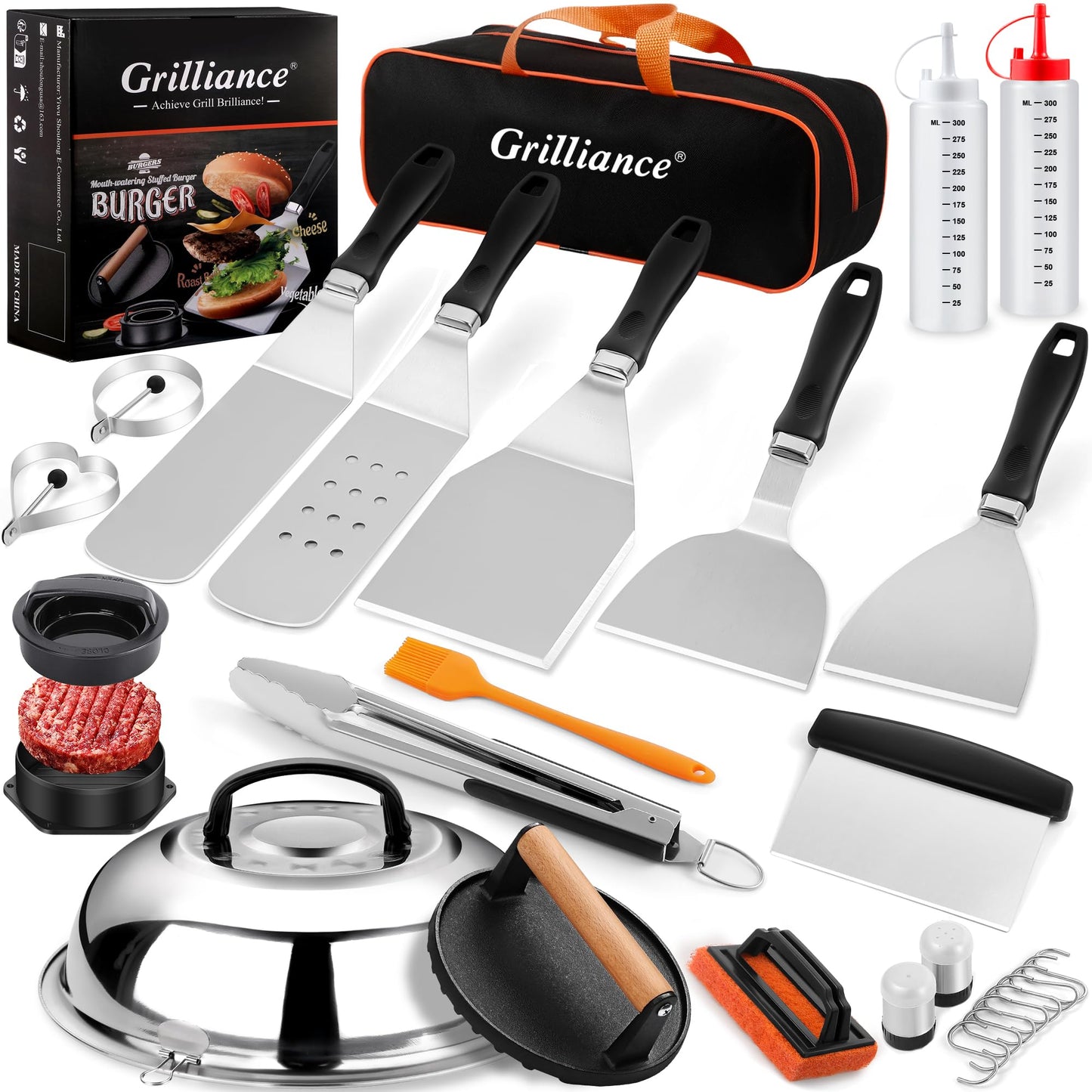 Grilliance 27pcs Griddle Accessories Kit for Blackstone, Professional Hibachi Flat Top Grill Tools, Enlarged Spatula Gift Set with Basting Coverï¼Burger Press Patty Maker for Outdoor BBQ Teppanyaki