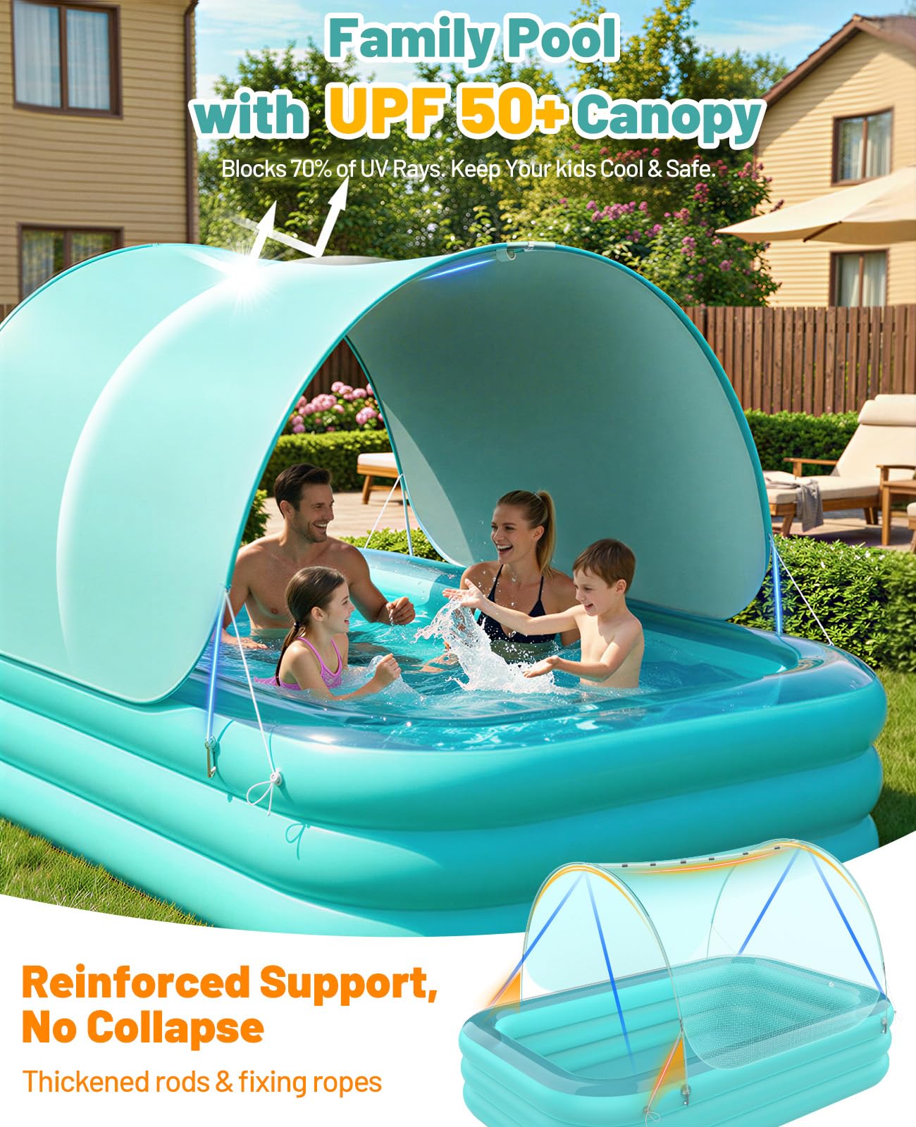 HeySplash Inflatable Pool with Canopy, Large Inflatable Swimming Pool for Adults & Kids, Blow Up Pool Thickened Family Pool for Outdoor Backyard Garden Party Summer Fun, 102" x 65" x 22"(Green)