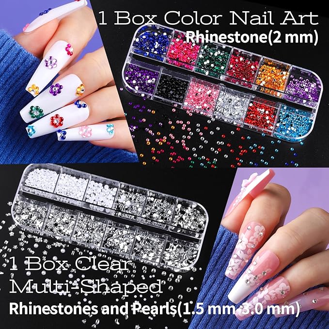 Teenitor Nail Charms and Nail Art Tools Set, Nail Art Kit with 5 Boxes of 3D Nail Charms and Gems Rhinestones, 15 Pcs Nail Art Brushes, 5 Pcs Nail Dotting Tools, 2 Set of Nail Stand