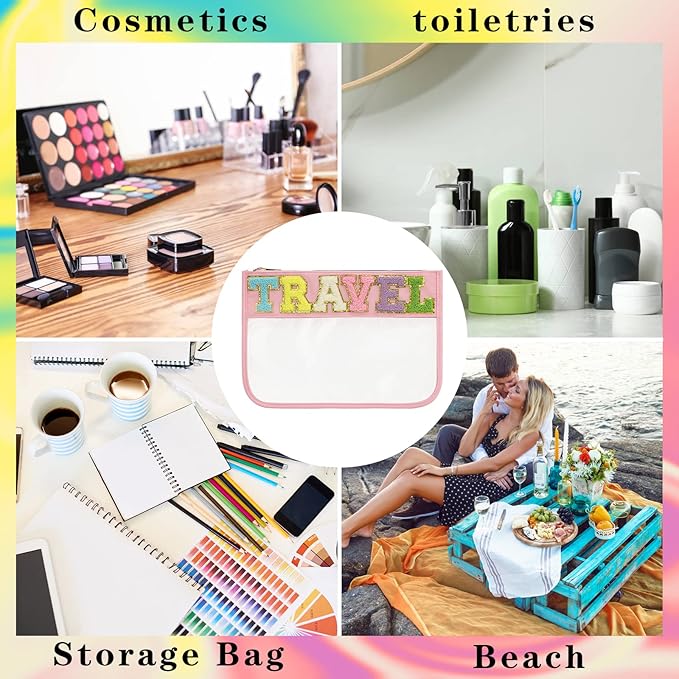 DYSHAYEN Chenille Letter Clear Zipper Pouch for Travel,Nylon Clear Cosmetic Bag,Makeup Travel Bag for Women Girls 11.8 Inches x 8.2 Inches