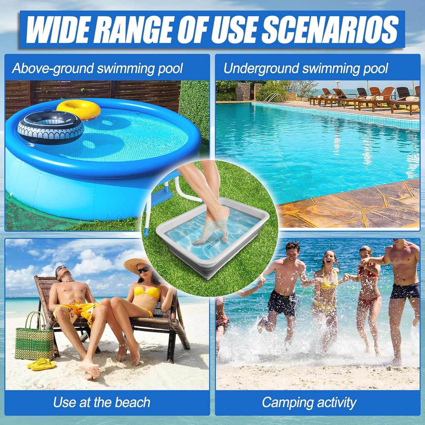 ESEHGS Pool Foot Bath Tray for Swimming Pool, Non- Slip Collapsible Foot Bath for Pool, Portable Foot Tub for Pool for Above Ground Pool Accessories, Rinse Feet Keep Pool Clean (Grey + White)