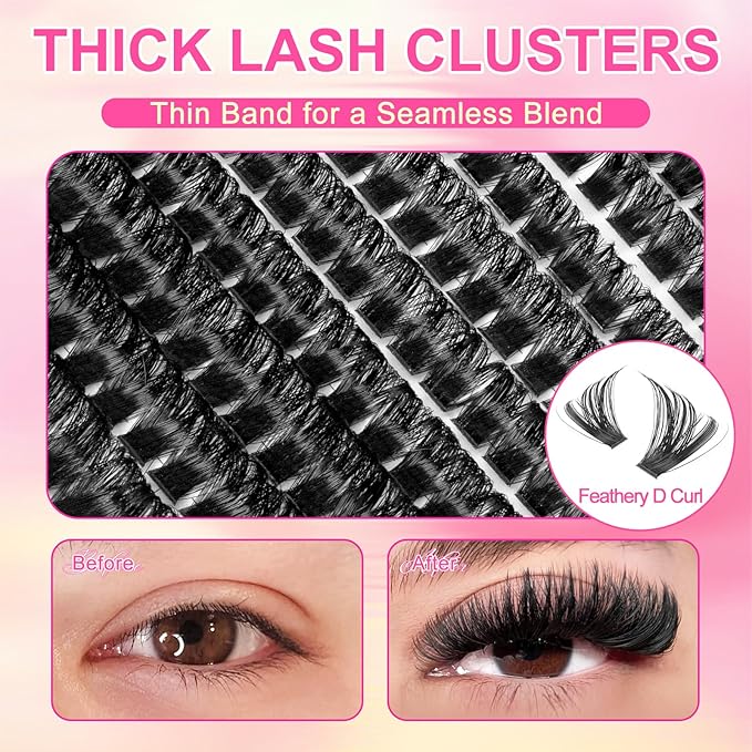 Lash Clusters 384Pcs (100D+200D), Fluffy Wispy Lashes Clusters, D-Curl Cluster Eyelash Extensions 10-18mm - 100% Vegan, Beginner Friendly
