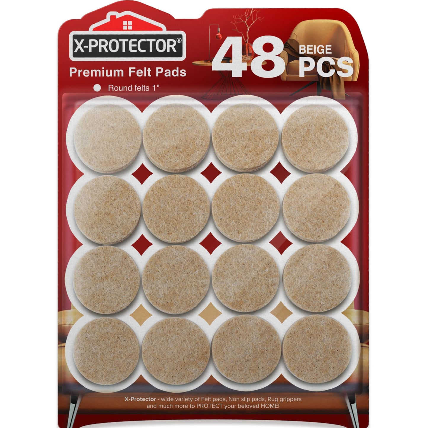 Best Felt Furniture Pads X-PROTECTOR - 48 Premium Chair Felt Pads Floor Protector for Furniture Feet Wood Hardwood Floors - Protect Your Hard Floors! (Beige)