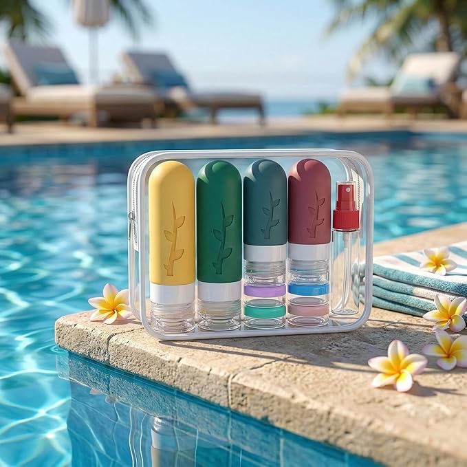 Travel Bottles Kit (16 Pack) - TSA Approved, Leak Proof Silicone Squeezable Containers for Toiletries. Complete Set with Jars, Sprayers & Bag (Wine Red)