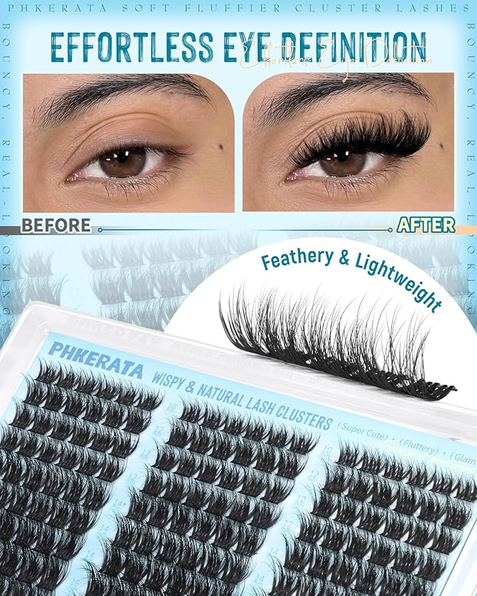PHKERATA Fluffy Lash Clusters Wispy Eyelash Clusters Natural C Curl Cluster Eyelash Extensions Volume Individual Lashes DIY Eyelash Extension with Soft Thin Band, 10-16mm