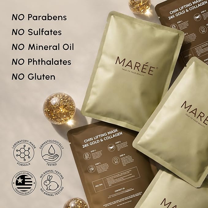 MAREE Chin Strap V Line Lifting Mask - 24K Gold Face & Neck Lift Tape Mask - Double Chin Strap for Sleeping - Neck Wrinkle Patches Reducer & Jawline Shaper for Firming, Tightening & Lifting - 10 PCS