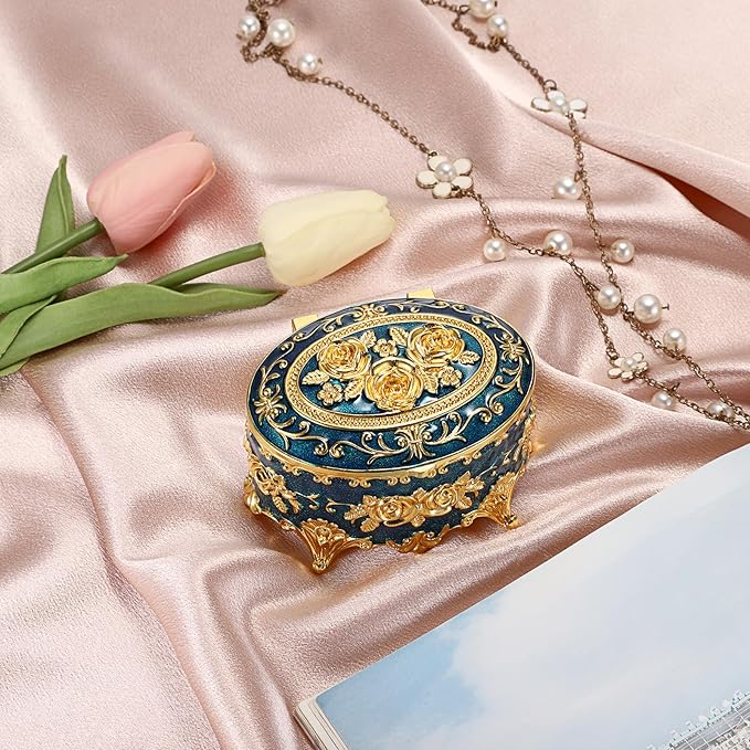 Hipiwe Vintage Metal Jewelry Box - Oval Trinket Box Ring Case with Rose Pattern Jewelry Storage Box for Ring Earrings Necklace, Keepsake Box for Women