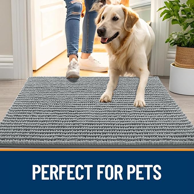 OLANLY Dog Door Mat for Muddy Paws 24x16, Ultra Absorbent Chenille Mud Doormat, Non-Slip Washable and Dirt Trapping Doormat for Indoor Entryway, Quick-Dry Indoor Pet Bed Mats for Dogs, Grey
