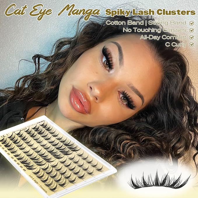 ALICE Lash Clusters with Spikes Anime Eyelash Clusters Natural Manga Eyelash Extensions 10-14mm Lash Extensions Thin Band DIY Left & Right Individual Lashes Cat Eye