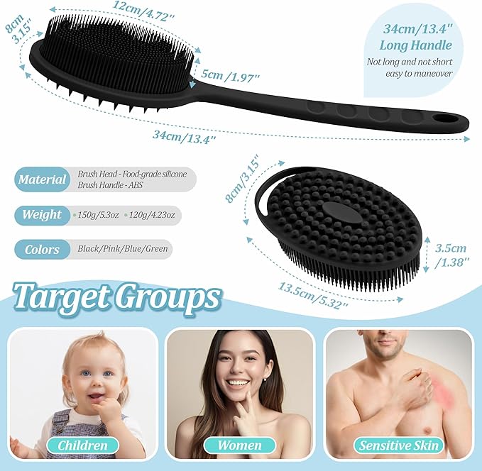 Silicone Back & Body Scrubber Set 2PCS, 13.4'' Gentle Exfoliating Back Scrubber with Dual-Side Head and Non-Slip Handle, Hygienic Silicone Loofah with Soft Bristles and Massage Dots(Black-2PC)