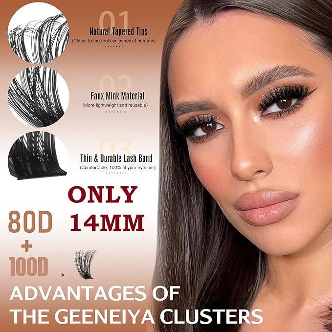 Geeneiya 14MM Volume Lash Clusters Kit DIY Lash Extension Kit D Curl Eyelash Extensions with Waterproof Lash Bond and Seal Waterproof Tweezers, Only 14MM, 80D+100D