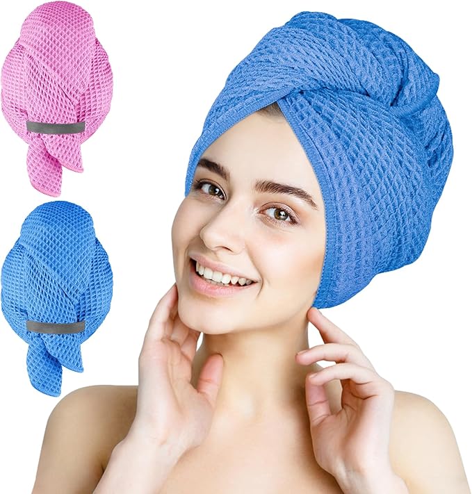 HOMEXCEL 2 Pack Large Microfiber Hair Towels Waffle Weave- 40 x 26.5 inches Fast Drying Turbans for Long, Thick, Curly Hair - Anti Frizz Wrap with Elastic Strap, Blue/Pink