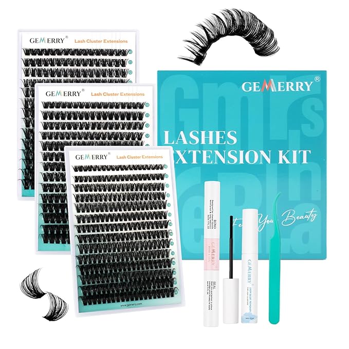GEMERRY Lashes Clusters Kit Thick Lash Clusters 3 Styles 840Pcs Fluffy Lash Clusters Kit with Waterproof Bond and Seal Remover Tweezers for Beginners(60D+80D+100D)