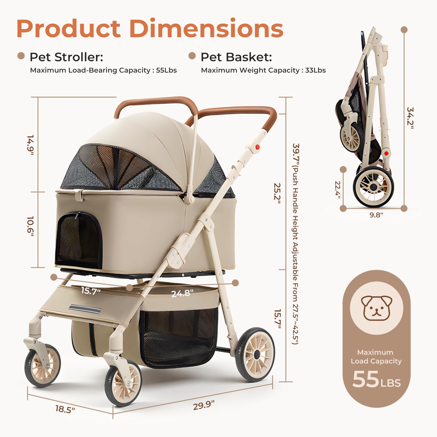 Dog Cat Stroller for Small & Medium Pets up to 55 lbs, Foldable Pet Stroller with Detachable Carrier, 4 Swivel Wheels, Adjustable Handle & Canopy