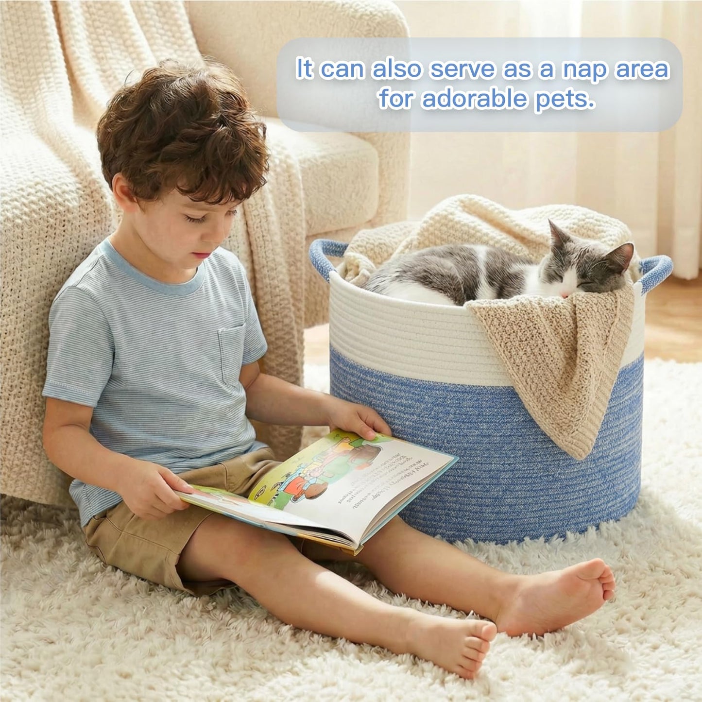 Artfeel 100L Large Cotton Rope Basket, Decorative Woven Blanket Storage for Living Room, Boho Toy Storage & Toy Box for Kids, Versatile Laundry Basket & Nursery Hamper for Blankets(DenimBlue)