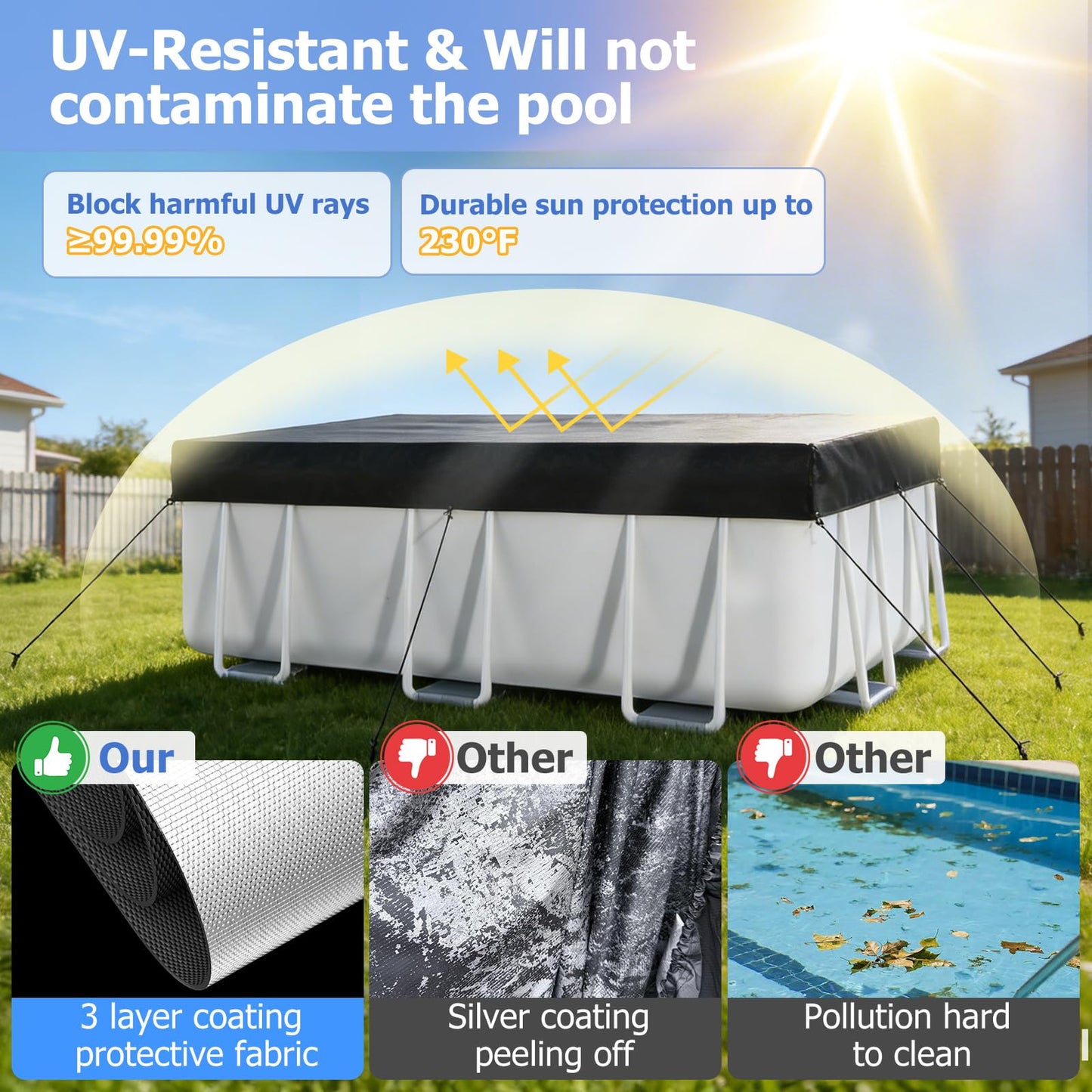 7x10 FT Rectangular Pool Cover, Solar Pool Cover for Above Ground Pool, Swimming Pool Cover Including Buckle, Drawstring and Ground Nails for Rectangular or Oval Pools