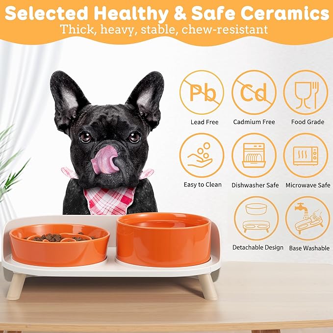 Elevated Slow Feeder Dog Bowls - Ceramic Food and Water Bowl Set with Stand - Raised Pet Dishes for Small and Medium Sized Dogs