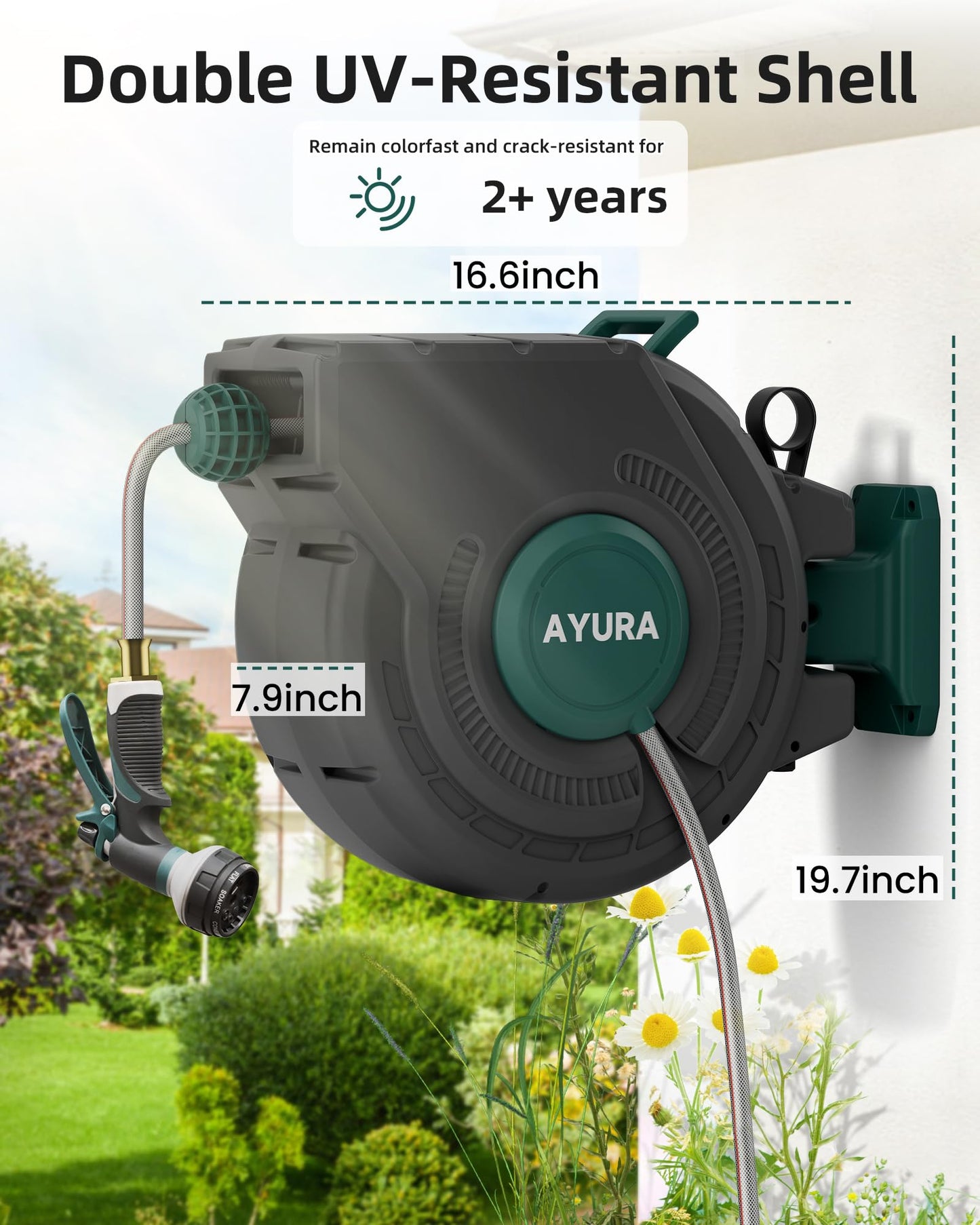 AYURA Retractable Garden Hose Reel 100 ft x 1/2 inch with Pro Metal Shaft, Heavy Duty Automatic Garden Hose Reels with Kink-Free Rewind and Lock at Any Length, Wall Mount Water Hose Reel for Outside