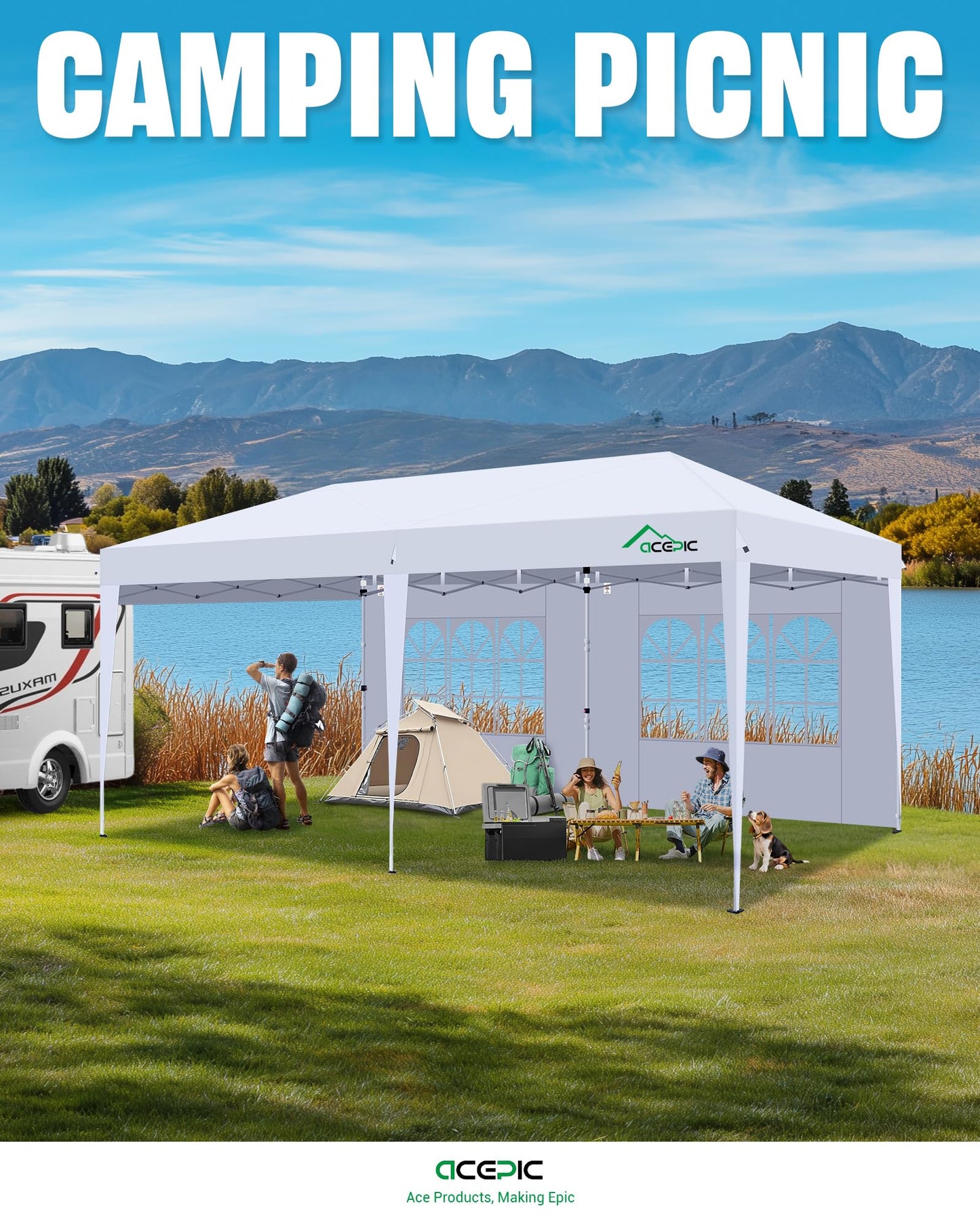 Acepic 10x20 Pop Up Canopy,2 Central Lock Easy Set-up Outdoor Party Tent, Commercial Tent, 6 Removable Sidewalls, Stakes x12, Ropes x6, Hand Bag x1, Sandbags x4 (White, 10 * 20)