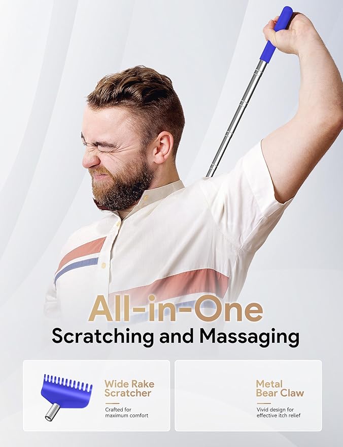 TUKUOS Telescoping Back Scratcher with 5 Detachable Scratching Heads, Valentines Day Gifts for Him Men, Anniversary Birthday Gifts for Men Women Back Scratcher for Men/Dad/Women/Adults - Blue