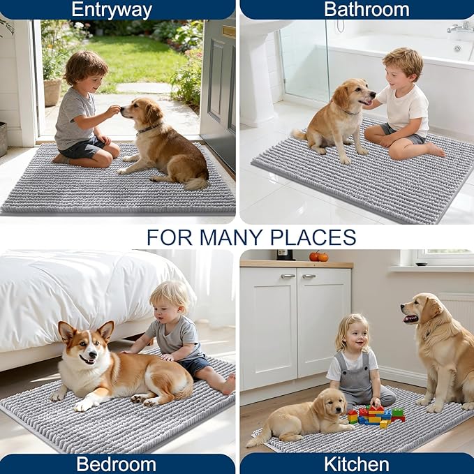 OLANLY Dog Door Mat for Muddy Paws 59x24, Ultra Absorbent Chenille Mud Doormat, Non-Slip Washable and Dirt Trapping Doormat for Indoor Entryway, Quick-Dry Indoor Pet Bed Mats for Dogs, Light Grey