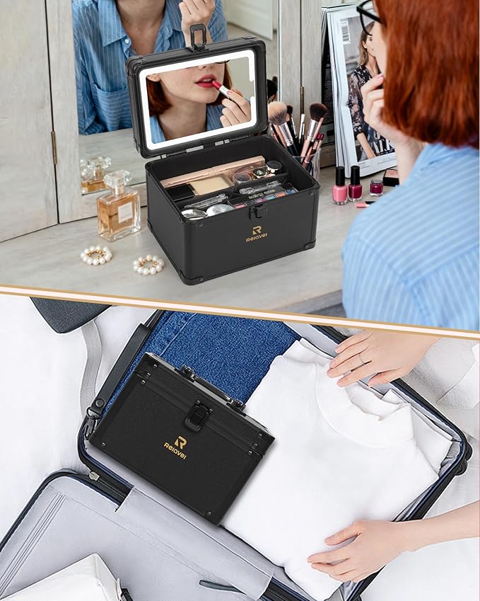 Relavel Travel Makeup Bag With LED Mirror, Makeup Bag With 3-Mode Light Up Mirror, Cosmetic Makeup Organizer Vanity Case for Women Beauty Accessories, Rechargeable Makeup Travel Storage - Black