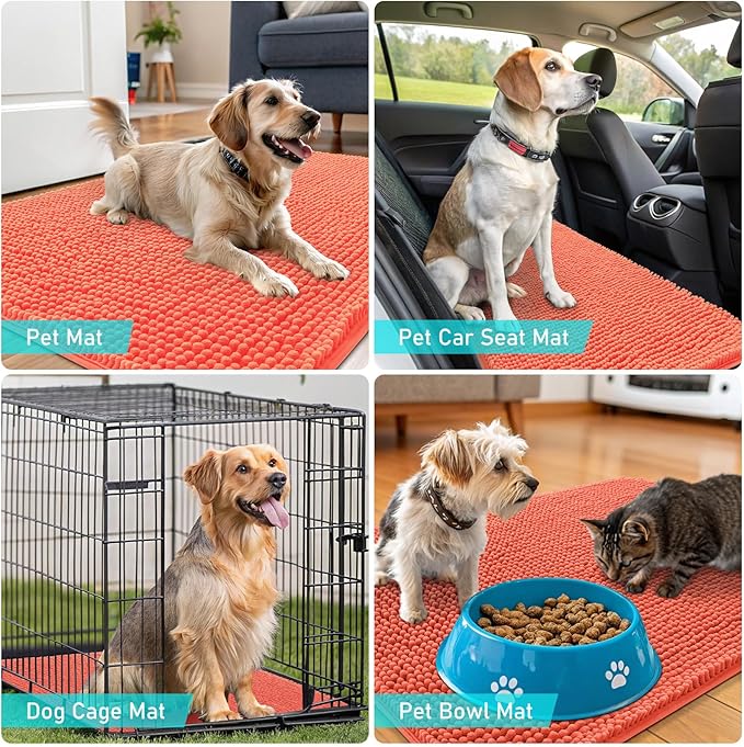 OLANLY Dog Door Mat for Muddy Paws 70x46, Absorbs Moisture and Dirt, Absorbent Non-Slip Washable Doormat, Quick Dry Chenille Mud Mat for Dogs, Entry Indoor Entryway Carpet for Inside Floor, Coral