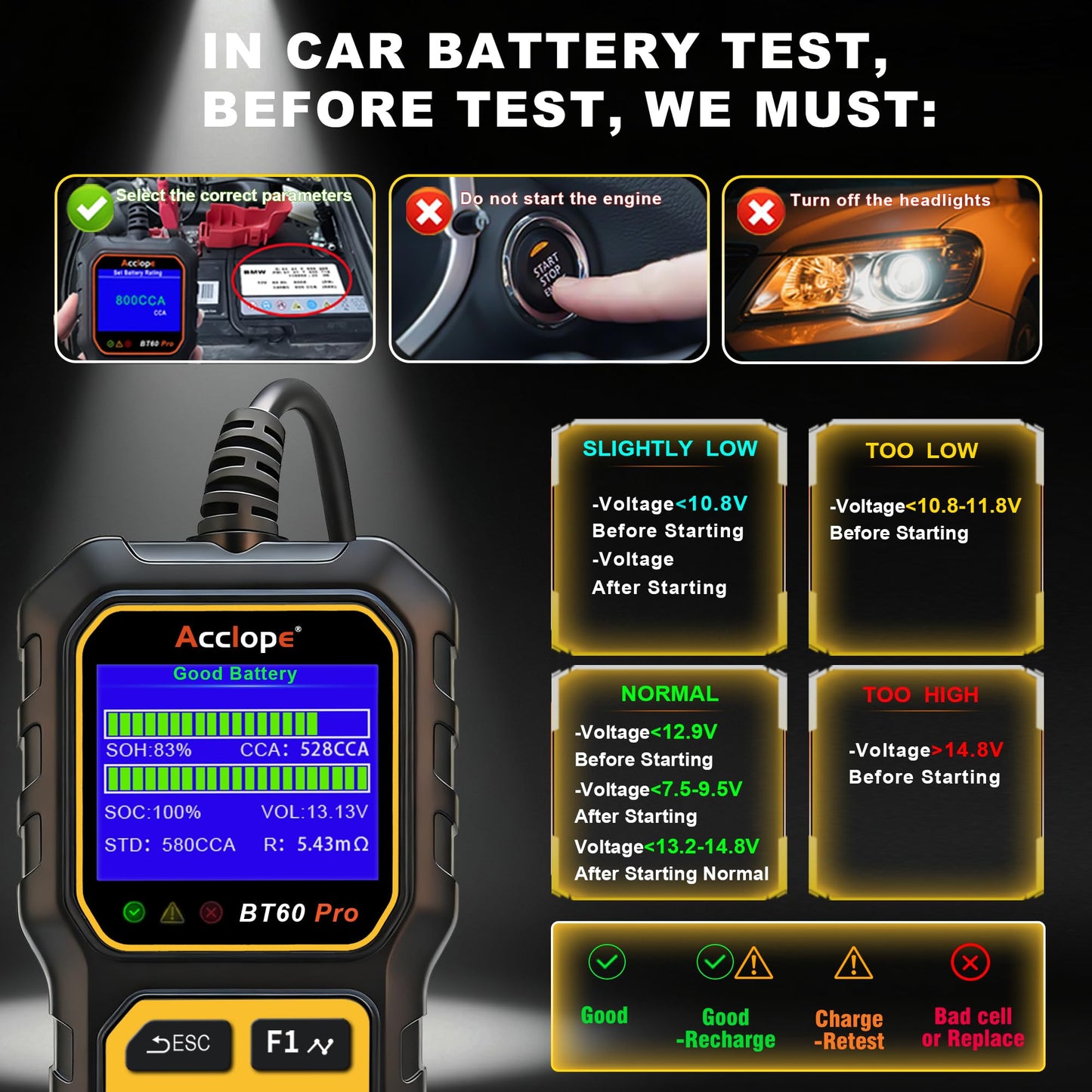 Acclope BT60 PRO Car Battery Tester 6V/12V/24V, 2–120Ah, 100–3000 CCA, AGM/Gel/Lithium, Alternator & Starter/Charging System Analyzer, QR Cloud Report (No App), Digital Analyzer