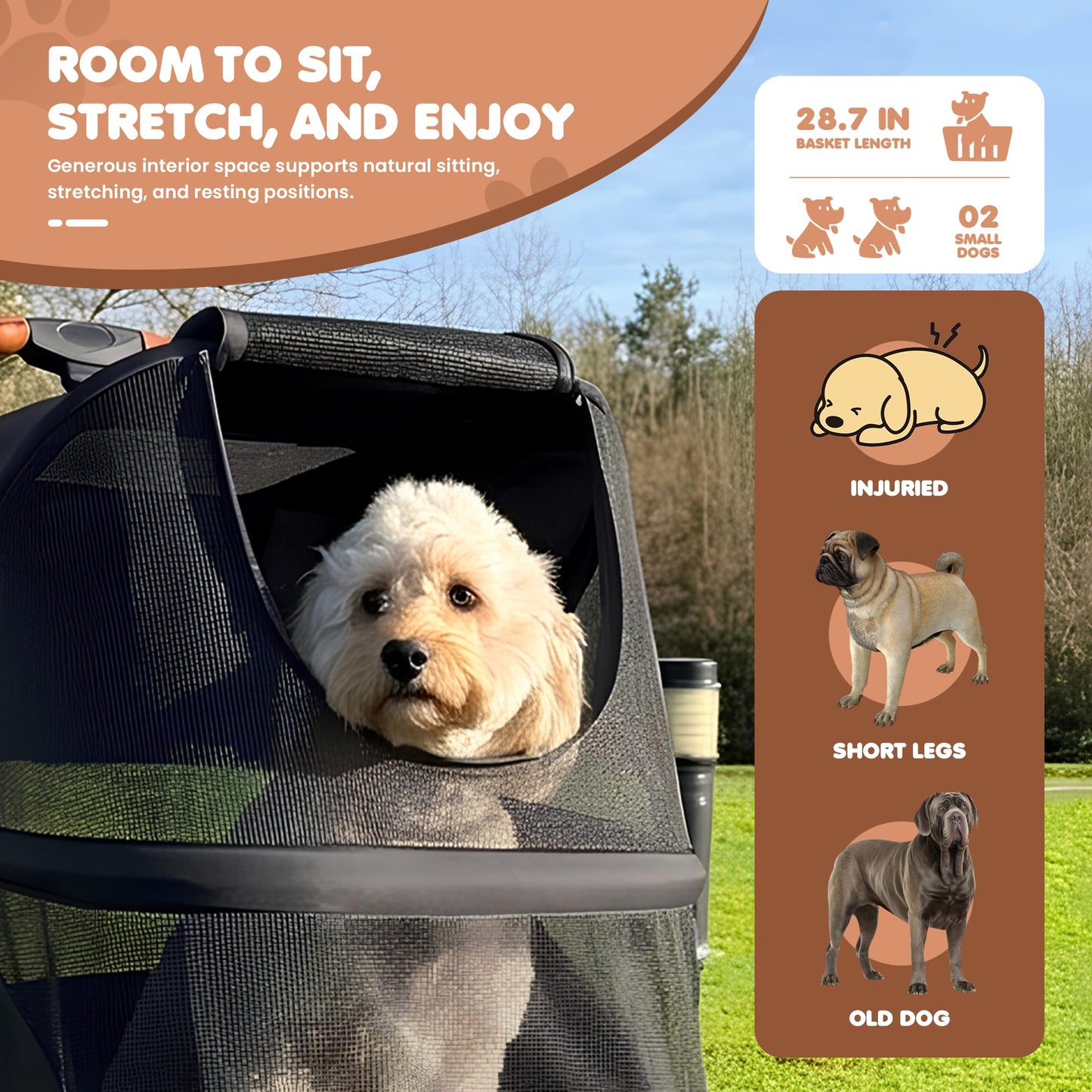 AdventEdge Premium Large Dog Stroller for Pets up to 55lbs, Dog Stroller for Medium Dogs, All-Terrain pet Stroller with Carbon Steel Frame & Breathable Mesh, Black & Grey (Large)