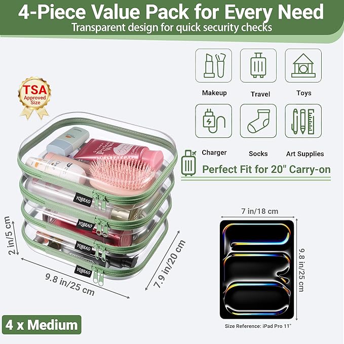 YQBRAO 4-Pack Clear Diaper Bag Organizer Pouches, 1.2mm Ultra-Thick PET Travel Pouches for Toiletries & Makeup, Rigid Self-Standing Bags with YKK Zippers, TSA Approved (Green)